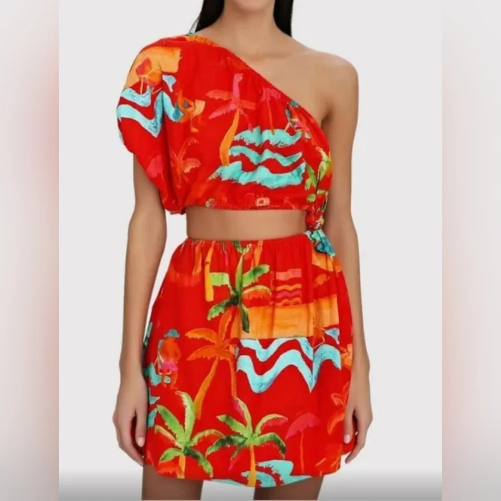 FARM Rio Red Tropical One-Shoulder Mini Dress - Picture 1 of 12